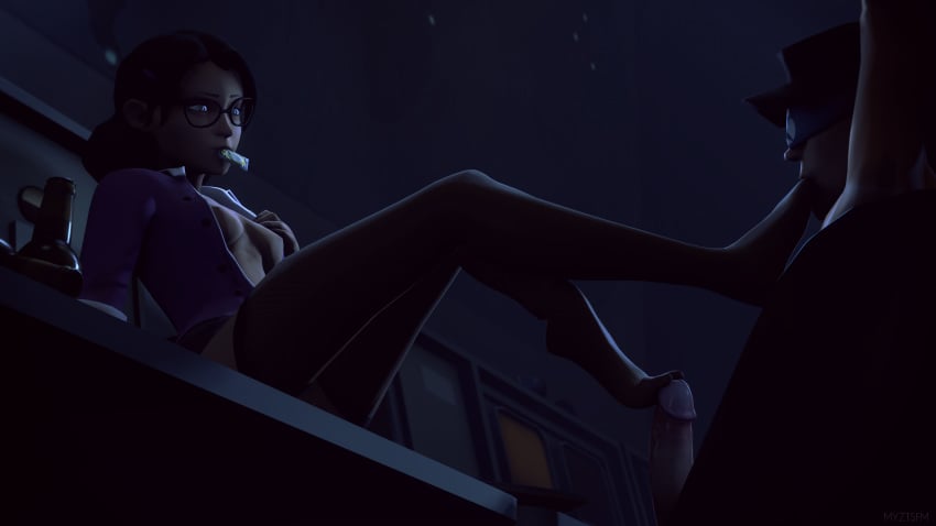 1boy 1girls 3d blindfold breasts condom condom_in_mouth dark dark_room feet female foot_fetish footjob footjob_with_legwear garters human male miss_pauling myztsfm penis scout_(team_fortress_2) straight team_fortress_2 thighhighs valve