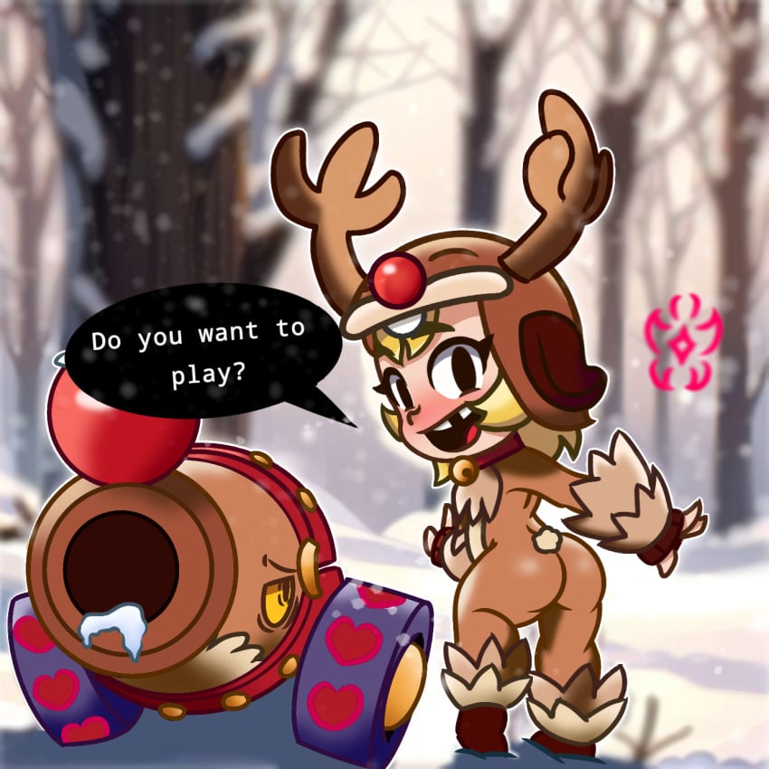 1girls ass blonde_hair blush bonnie_(brawl_stars) brawl_stars cannon christmas costume female from_behind looking_at_viewer reindeer reindeer_bonnie_(brawl_stars) reindeer_costume smile snow snowing solo standing text