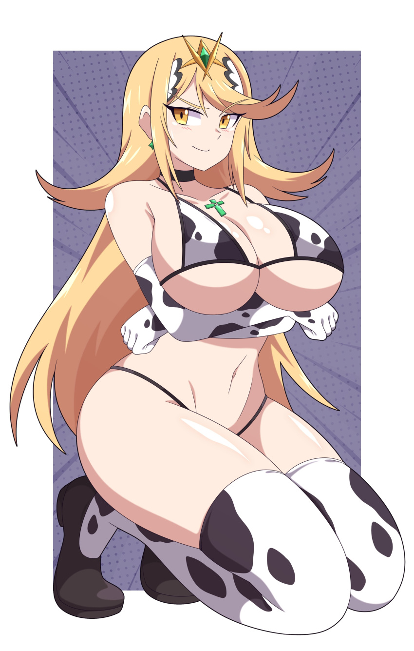 1girls abysswatchers bikini blonde_hair breasts core_crystal cow_girl cow_print cow_print_bikini female gold_eyes hi_res hips huge_breasts light-skinned_female light_skin long_hair mythra naughty_face nintendo thick_thighs thighs wide_hips xenoblade_(series) xenoblade_chronicles_2