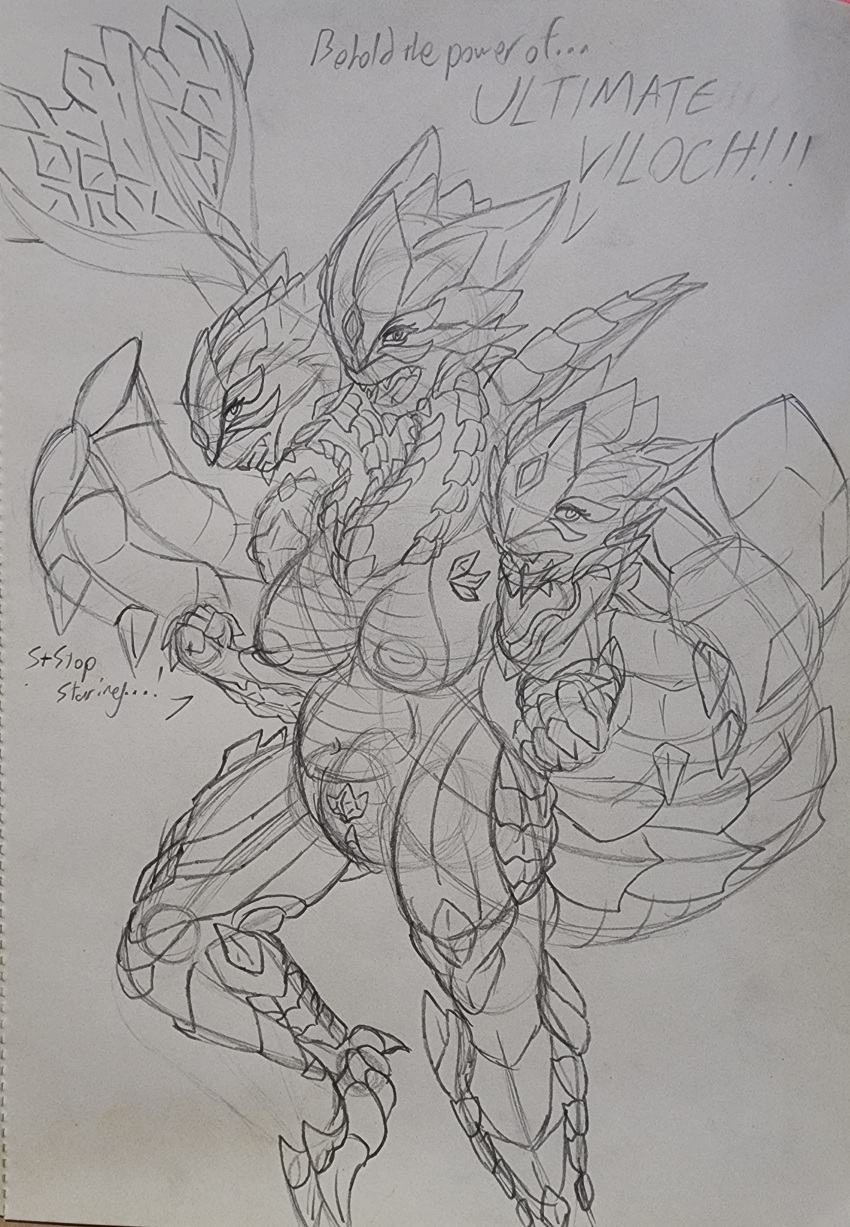 3_heads absurd_res anthro armor bakugan_(series) big_breasts breasts crystal delphixander dialogue female genitals hi_res hydra inverted_nipples multi_head nipples pussy solo solo_focus tail viloch_(bakugan) wings