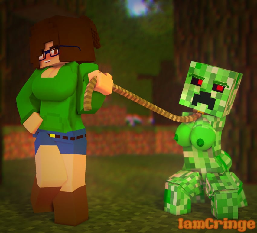 2girls 3d breasts brown_eyes brown_hair clothed_female_nude_female creeper_(minecraft) erect_nipples glasses green_body human_female iamcringe irene_cream_(iamcringe) leash mine-imator minecraft monster_girl ponytail red_eyes smile tagme tied_up wet_pussy