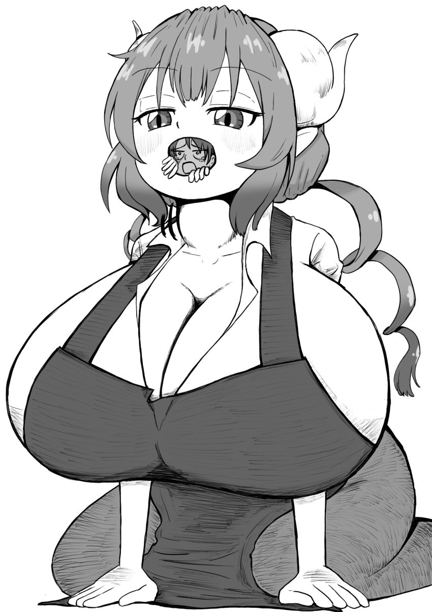 1boy 1girls aida_taketo big_breasts black_and_white breasts cleavage clothing dragon_girl female_pred giantess gigantic_breasts horns huge_breasts human human_prey ilulu_(dragon_maid) larger_female last_look macro male_prey massive_breasts micro miss_kobayashi's_dragon_maid on_knees oral_vore size_difference smaller_male vore