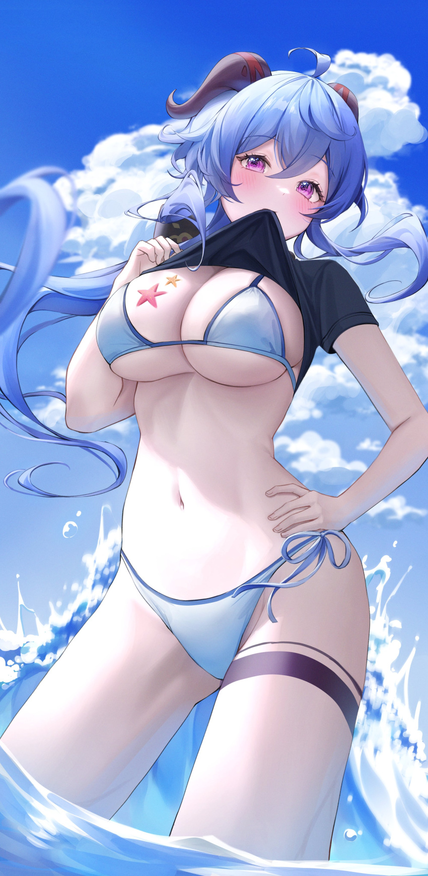 absurdres ahoge alternate_costume bikini black_shirt blue_hair blue_sky blush breasts cleavage clothes_in_mouth clothes_lift cloud cloudy_sky commentary cowboy_shot day female floating_hair ganyu_(genshin_impact) genshin_impact goat_horns hair_between_eyes hand_on_own_hip highres horns iro_(iro_252_) large_breasts lifted_by_self light_blue_hair long_hair looking_at_viewer low_ponytail mouth_hold navel outdoors purple_eyes shirt shirt_in_mouth shirt_lift short_sleeves side-tie_bikini_bottom sidelocks sky solo solo_female standing starfish stomach string_bikini swimsuit symbol-only_commentary thigh_strap wading waves white_bikini