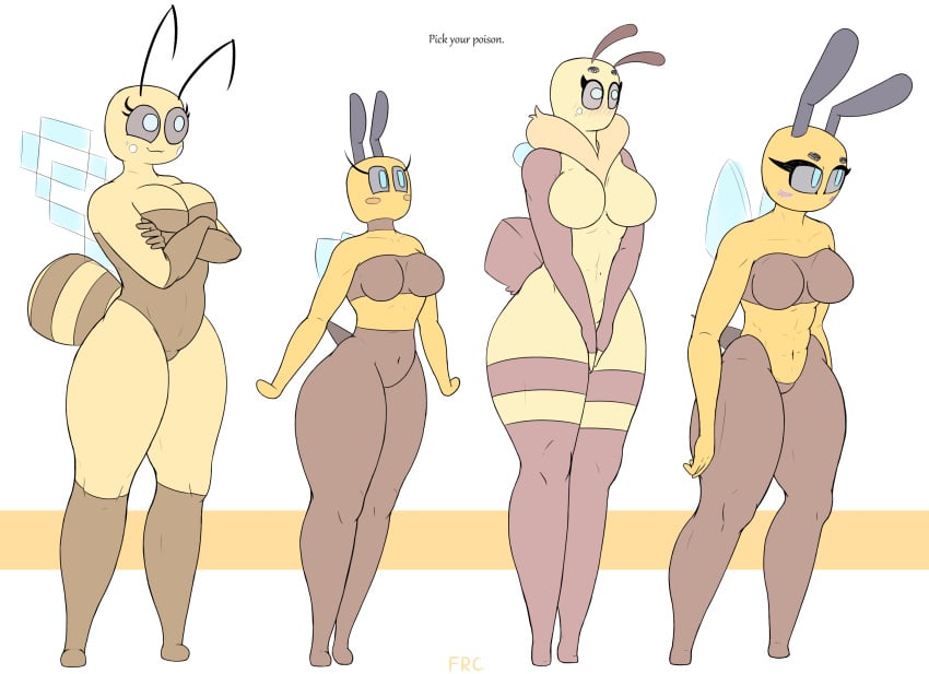 4girls antennae anthro bee bee_(minecraft) bee_girl blue_eyes blush breasts facrec highres microsoft minecraft mojang mouthless multicolored_body neck_tuft pastel self_upload simple_background slightly_chubby stinger swimsuit text thick_thighs wings xbox_game_studios