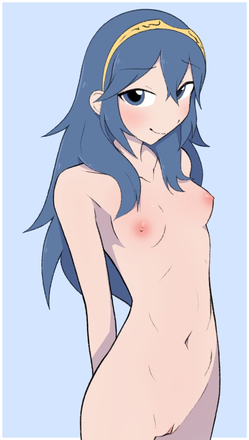 1girls arms_behind_back blue_background blue_eyes blue_hair breasts censored completely_nude female female_only fire_emblem fire_emblem_awakening furrgroup hair_between_eyes long_hair lucina_(fire_emblem) more_at_source nintendo nipples nude nude_female pussy small_breasts smile solo symbol-shaped_pupils tiara vhfd