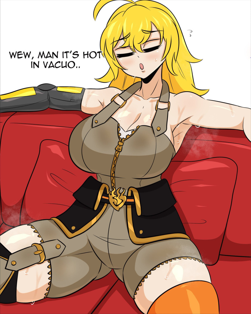 1girls blonde_female blonde_hair cleavage clothed_female kinathefox long_hair long_hair_female robotic_arm rwby sweat sweaty_body yang_xiao_long