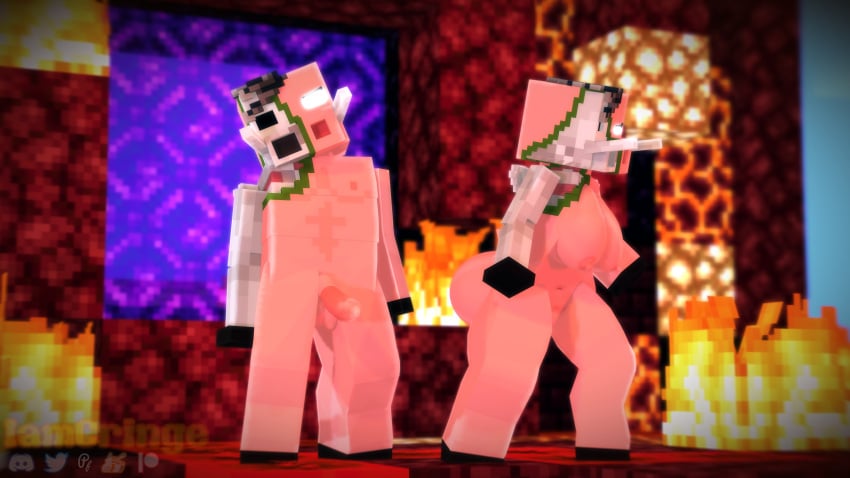 1boy 1girls 3d big_ass breasts character_sheet erect_nipples erect_penis glowing_eyes iamcringe mine-imator minecraft monster monster_boy monster_girl nether_(minecraft) nether_portal nude_female nude_male outside posing same_species tagme zombie_pigman