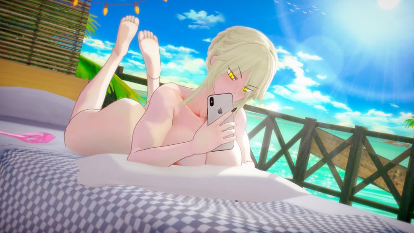 1girls areolae artoria_pendragon_(lancer_alter) ass barefoot bed big_ass big_breasts big_thighs blonde_hair blush breasts completely_nude completely_nude_female fate/grand_order fate_(series) female iphone knshin koikatsu nude nude_female on_bed phone selfie thick_thighs thighs yellow_eyes