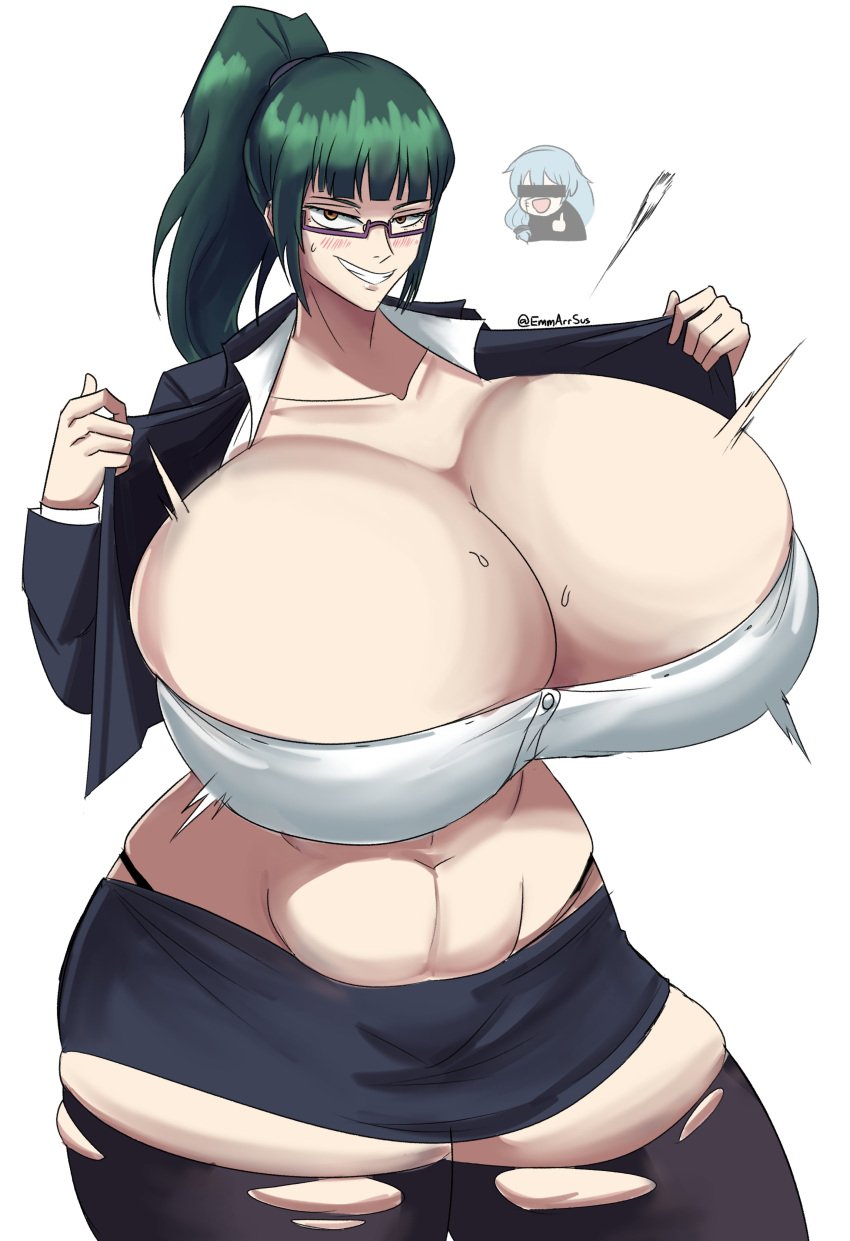 1girls abs alternate_breast_size blush breast_expansion button_down_shirt emmarrgus flashing glasses green_hair huge_breasts huge_thighs hyper_breasts jujutsu_kaisen mahito_(jujutsu_kaisen) ponytail popped_button ripped_clothing skirt smiling smiling_at_viewer smirk sweat thighhighs tight_clothing transformation uniform wardrobe_malfunction zenin_maki