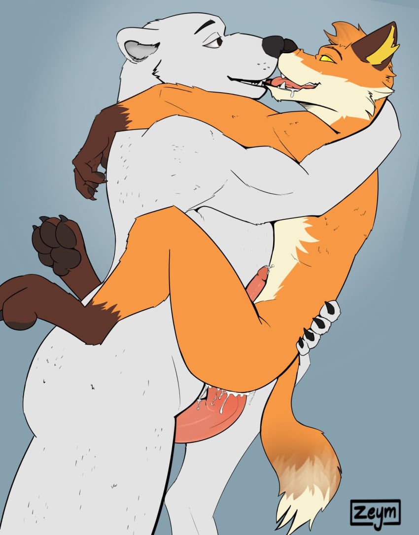 anal anthro bear bodily_fluids canid canine claws cum cum_drip dripping drooling duo embrace epic_games fennix_(fortnite) fortnite fox fur gay genital_fluids hi_res holding_up hug kissing lifting_up looking_at_another looking_at_partner making_out male male/male mammal orange_body orange_fur paws polar_bear polar_patroller saliva simple_background size_difference tail tongue ursine white_body white_fur yellow_eyes zeym