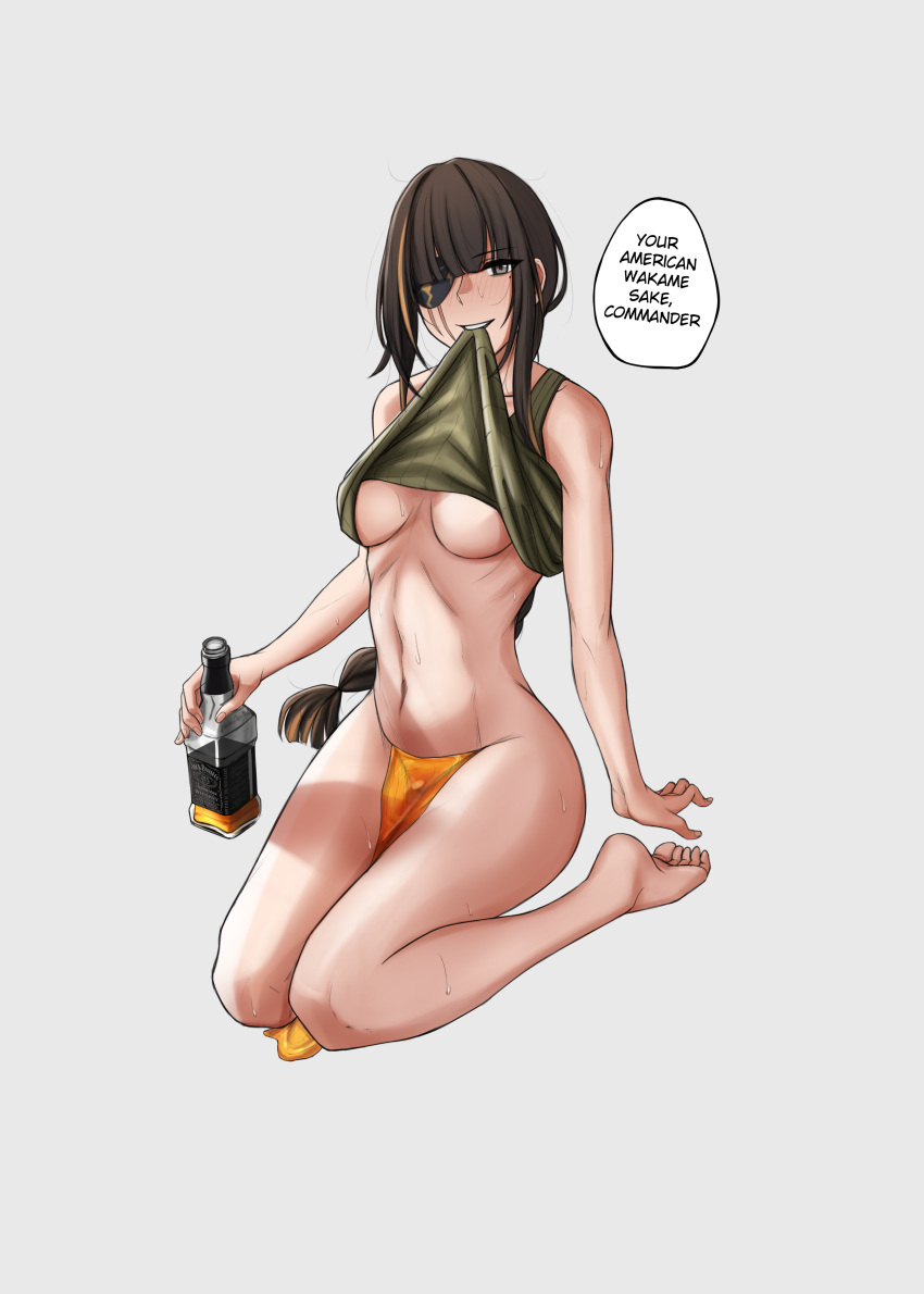 braided_hair brown_hair english_text girls'_frontline grey_eyes kneeling m16a1_(girls'_frontline) one_eye_covered shirt_lift simple_background tagme whiskey