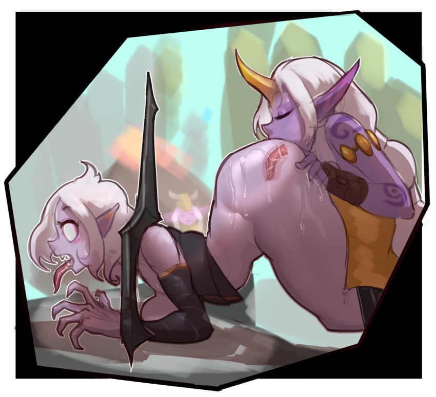 2girls anilingus arched_back briar_(league_of_legends) dddoodles deep_rimming league_of_legends long_tongue multiple_girls pale-skinned_female pale_skin pink_hair purple_body purple_skin restrained rimming riot_games soraka thick_ass thick_thighs tongue tongue_fucking tongue_out wide_hips wide_thighs x-ray yuri