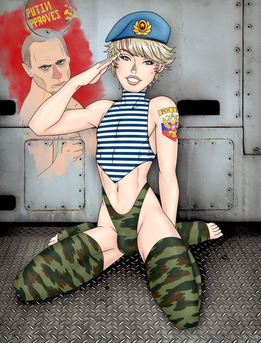 1boy androgynous anonymousfriend beret blonde_hair blue_eyes bulge femboy girly male male_only mole_under_eye navy_uniform on_knees original original_character panties panty_bulge pose posing russian salute sasha_(yuni) short_hair soldier solo thighhighs trap vladimir_putin yuni