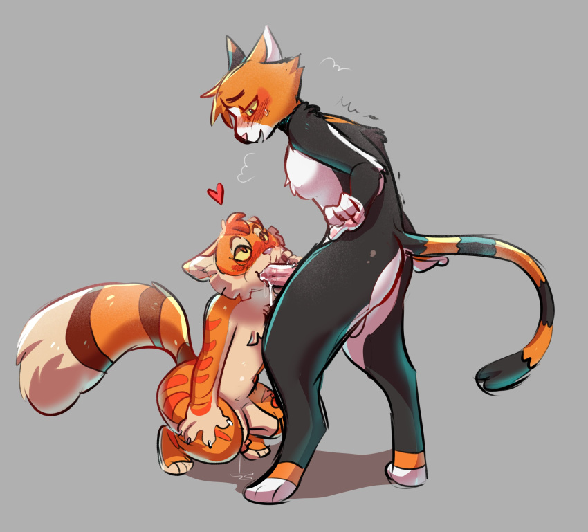 2boys anthro calvin_mcmurray cole_(akilleanchameleon) commission feline freckle_mcmurray gay kneeling lackadaisy male male/male male_only multicolored_fur oral oral_sex orange_fur original_character yaoi