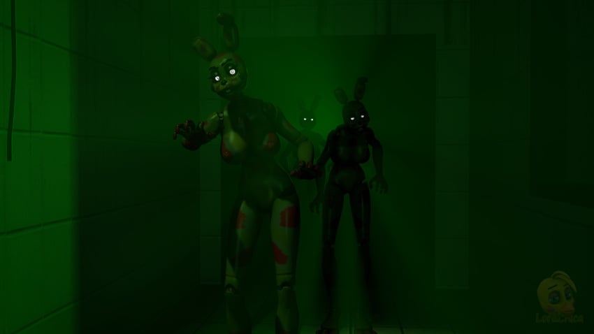 2018 3d_(artwork) abandoned_building absurd_res animatronic anthro blood blood_on_hand blood_on_leg bodily_fluids breasts digital_media_(artwork) eyebrows female five_nights_at_freddy's five_nights_at_freddy's_3 glowing glowing_eyes green_body green_light green_lighting group hi_res lagomorph leporid living_machine lordchica_(artist) machine mammal rabbit rabbit_ears robot scottgames source_filmmaker springtrap springtrap_(fnaf) trio