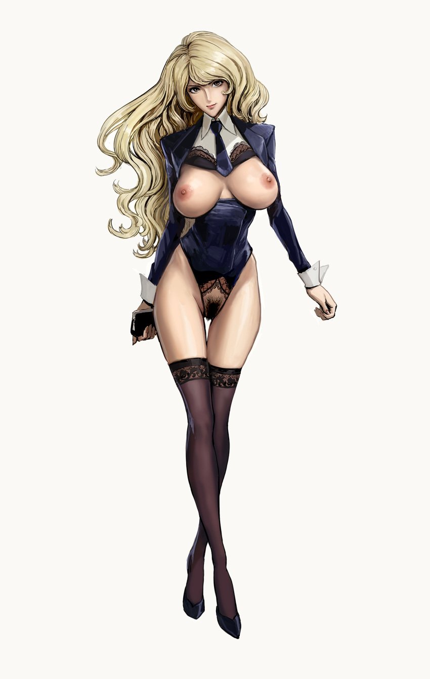 1girls blonde_hair full_body large_breasts looking_at_viewer lupin_iii mine_fujiko pointy_chin pubes solo standing white_background zjl_baiqishi