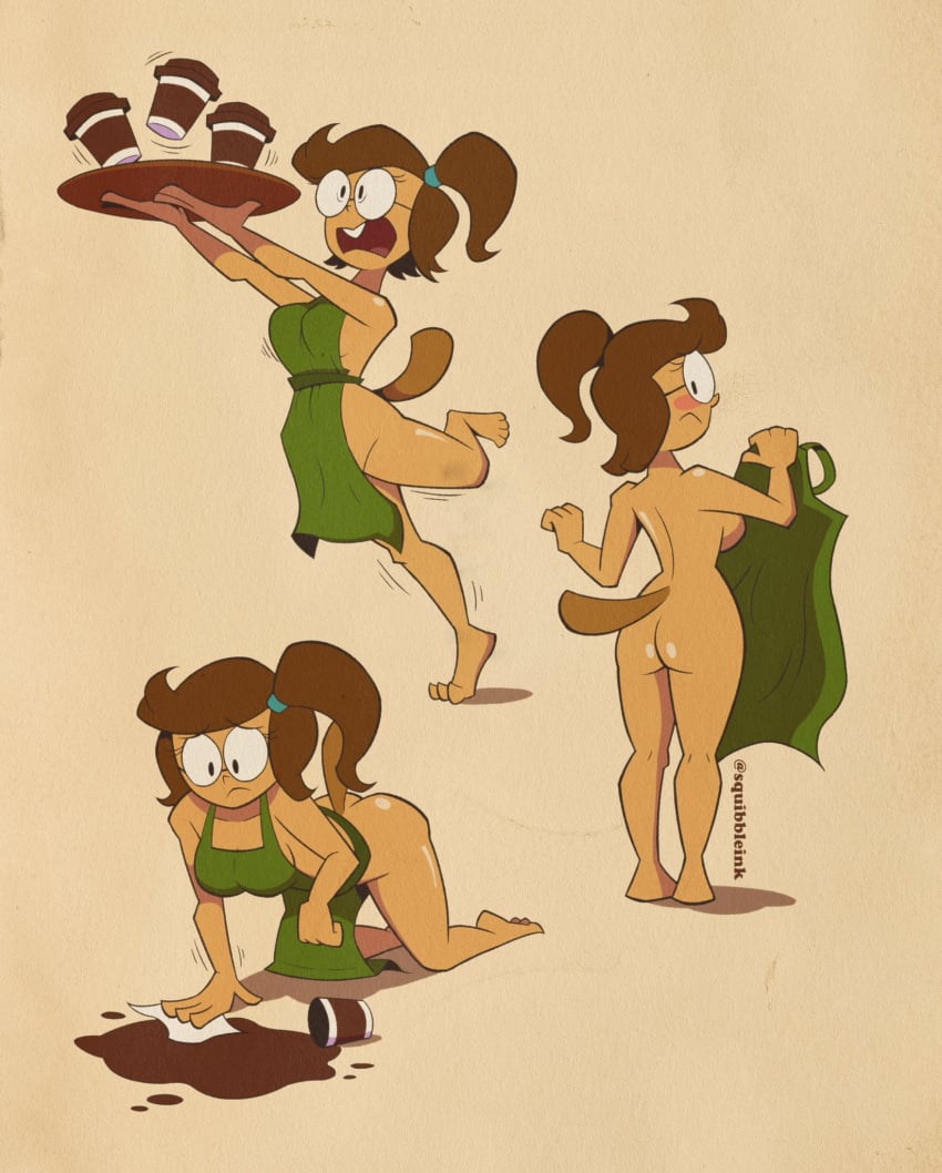 alternate_height apron apron_only ass breasts brown_hair cartoon_network coffee eileen_roberts glasses only_apron_on partially_clothed ponytail regular_show side_ponytail squibble_ink tagme tail