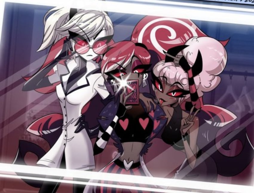 3girls artist_request black_gloves breasts clara_(hazbin_hotel) crop_top curvy demon earrings eyeshadow female fingerless_gloves girl gloves hazbin_hotel hourglass_figure lipstick looking_down midriff multicolored_hair navel odette_(hazbin_hotel) pink_hair ponytails red_hair red_sclera skull smile smiling source_request tagme tagme_(artist) thick_thighs velvette white_eyes white_hair