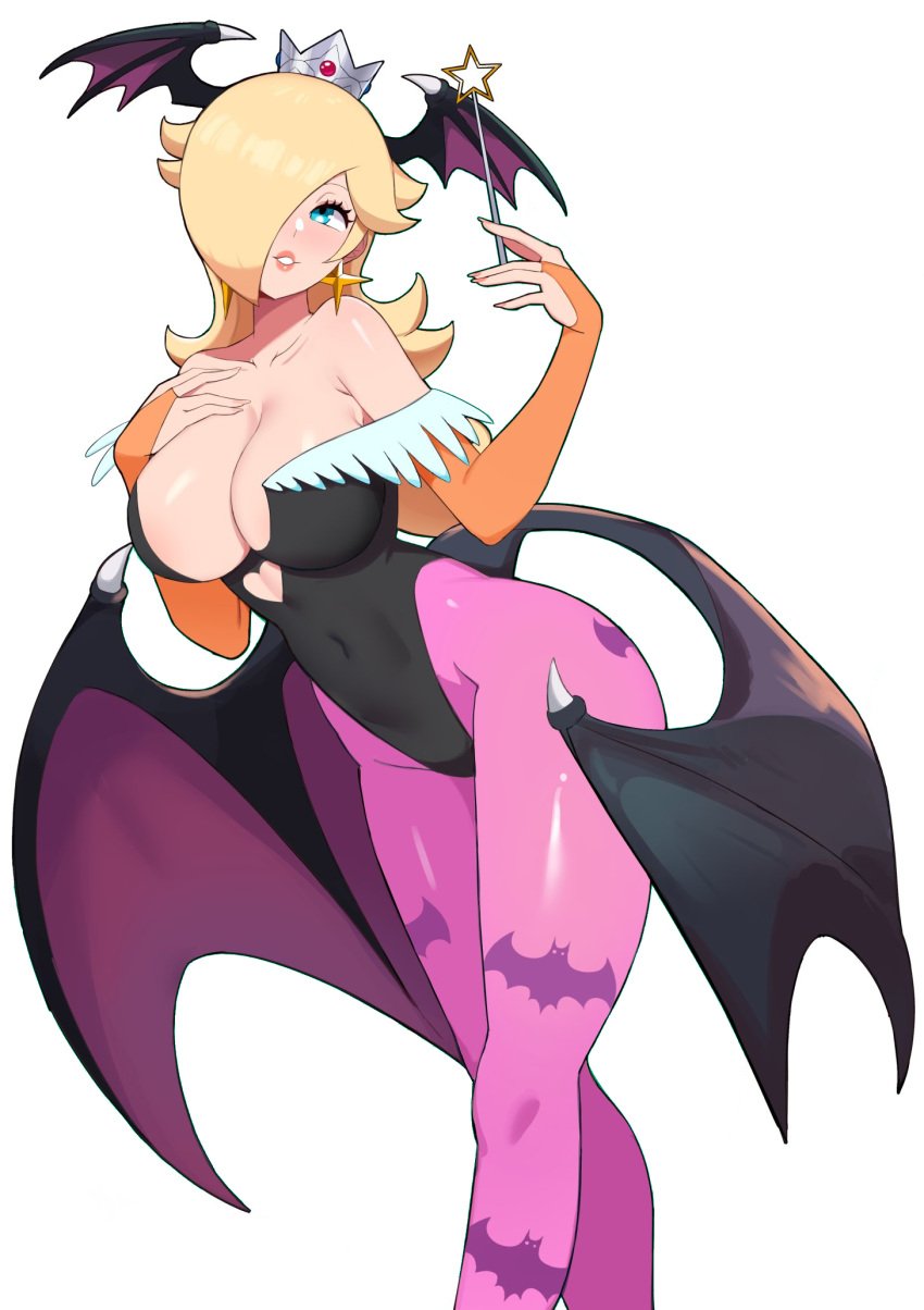 animal_print bare_shoulders bat_print bat_wings blonde_hair blue_eyes blush breasts cleavage cosplay crossover crown darkstalkers earrings female female_only hair_over_one_eye head_wings highres jewelry kaos_art large_breasts leotard long_hair mario_(series) milf morrigan_aensland morrigan_aensland_(cosplay) nintendo pantyhose princess_rosalina print_pantyhose smile solo star_(symbol) star_earrings super_mario_galaxy vampire_(game) white_background wings