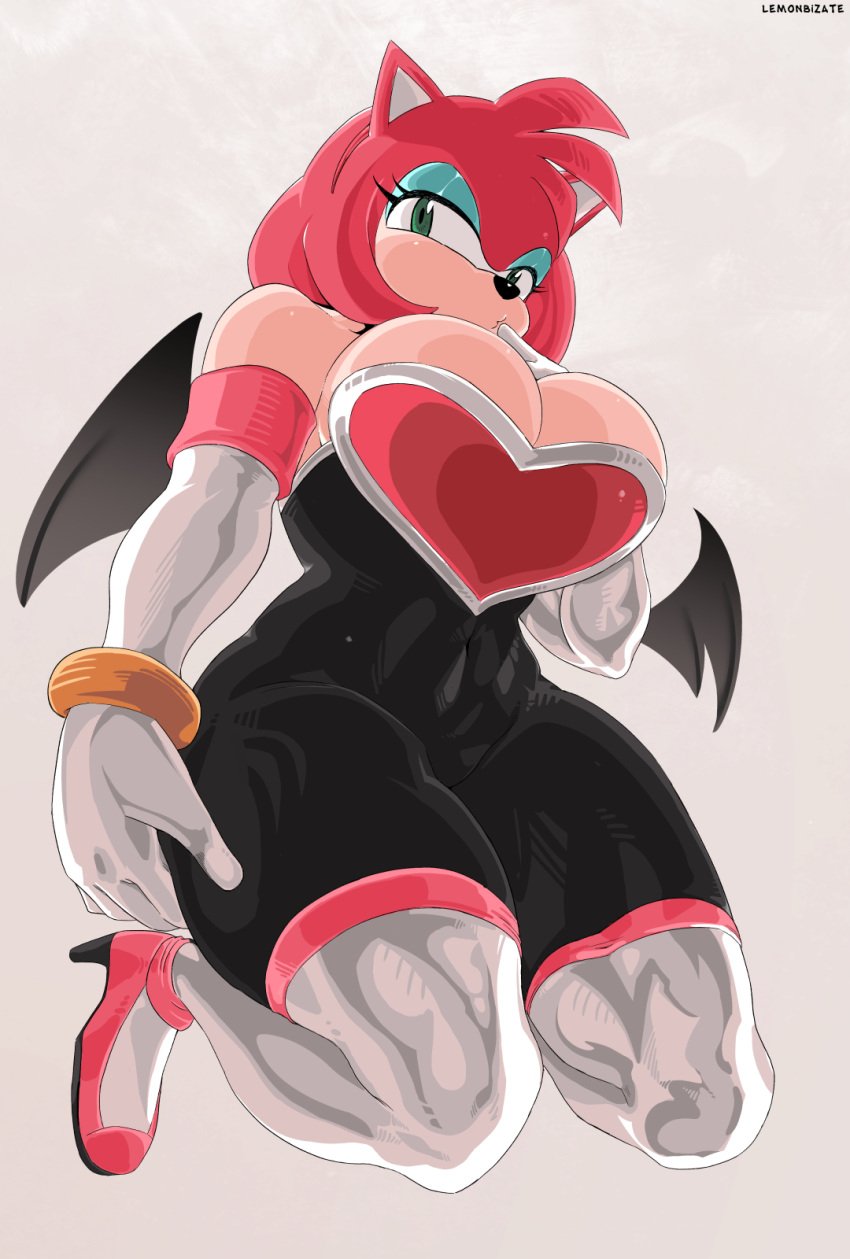 amy_rose amy_the_bat big_breasts bodysuit breasts breasts_in_front_of_face curvy_body curvy_female curvy_figure curvy_girl elbow_gloves high_heels hips la_dueña_de_mis_chaquetas leggings lemonbizate_(artist) long_gloves neckline pink_hair rouge_the_bat_(cosplay) sega sonic_(series) sonic_the_hedgehog_(series) spandex spandex_suit