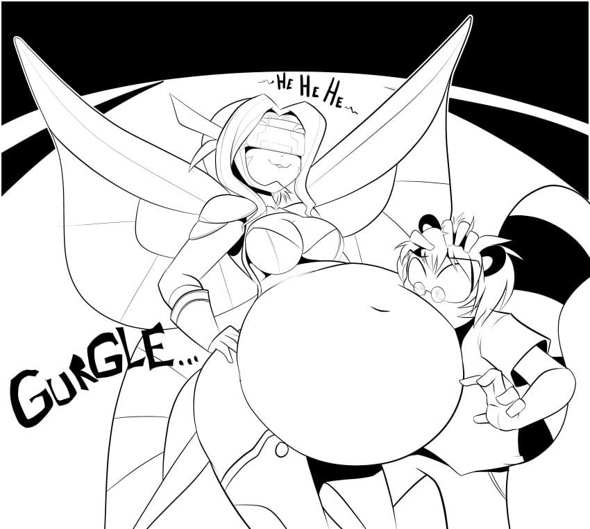 absurd_res ambiguous_belly belly big_belly big_breasts breasts digestion digestion_noises digimon digimon_(species) digimon_frontier dominant_female face_on_belly fairimon fairymon fat_belly hand_on_another's_head hand_on_hip humanoid imminent_vore implied_vore kazemon kenta_koukuji monochrome original_character post_vore pressed_against_belly size_difference smile smug stomach_noises stuffed_belly tanuki tanuki_boy tanuki_ears tanuki_humanoid tanuki_tail varu vore