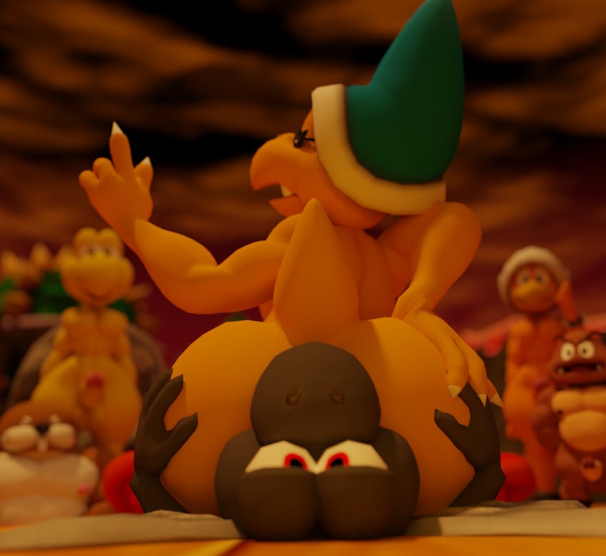 absurd_res anal anthro ass black_body black_skin blender_(software) blender_cycles brown_body brown_skin doommusk eulipotyphlan facesitting fan_character goomba group hammer_bros. hi_res kamek koopa koopa_troopa lire_(doommusk) male male/male mammal mario_(series) mole_(animal) monty_mole nintendo oral paratroopa rimming rimming_male scales scalie sex sitting_on_another yellow_body yellow_scales