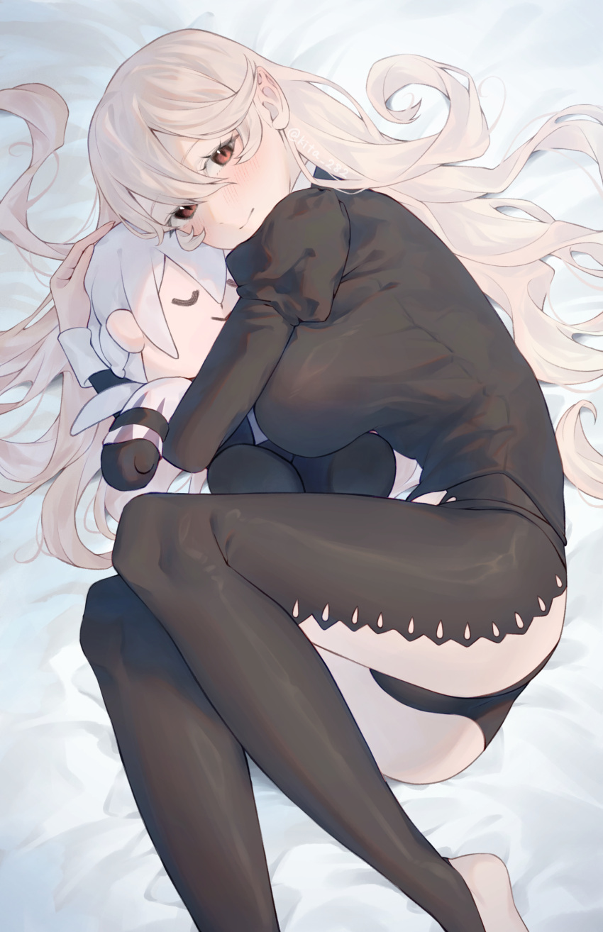 1girls absurdres ass bed_sheet black_panties blush breasts character_doll closed_mouth corrin_(female)_(fire_emblem) corrin_(fire_emblem) corrin_(fire_emblem)_(female) female female_only fire_emblem fire_emblem_fates grey_hair highres hugging_object jakob_(fire_emblem) kita_282 large_breasts long_hair long_sleeves looking_at_viewer lying nintendo on_bed on_side panties pointy_ears red_eyes smile solo underwear very_long_hair