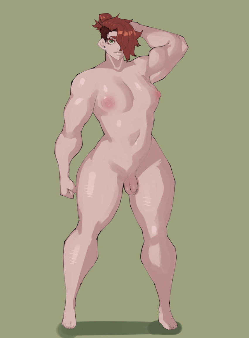 1boy ambush_(trap) axred7 brown_hair femboy fit_male green_eyes light-skinned_male light_skin male_focus male_only muscular_femboy muscular_male naked nude tagme thick_thighs trap