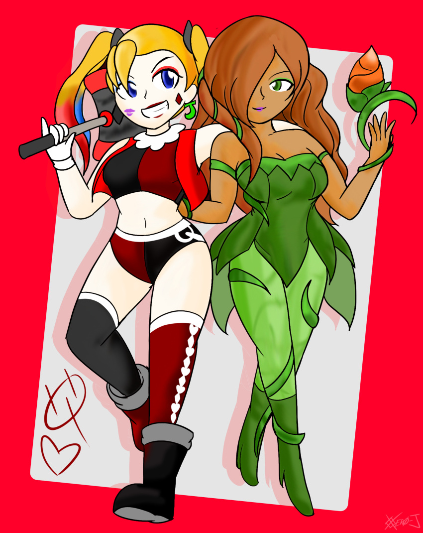 2girls batman_(series) blonde_hair breasts dark-skinned_female dark_skin dc female female_only harley_quinn poison_ivy tagme white_skin xero-j