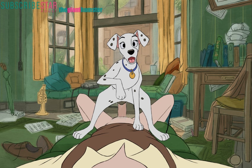 101_dalmatians animal_genitalia bodily_fluids canid canine canis clothed clothing cowgirl_position disney domestic_dog duo erection female female_on_top female_penetrated feral feral_on_male from_front_position genital_fluids genitals hi_res human human_on_feral humanoid_genitalia humanoid_penis interspecies male male/female male_on_feral male_penetrating mammal on_bottom on_top partial_male penetration penis perdita roger_radcliffe sex the_giant_hamster vaginal_penetration zoophilia