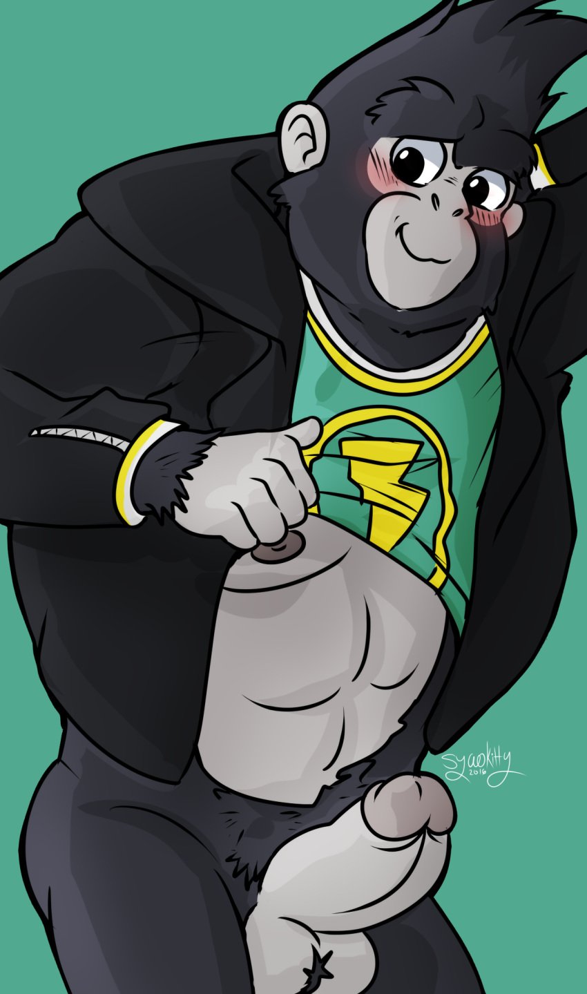 1boy anthro ape balls blush clothing erection gorilla humanoid_penis jacket johnny_(sing) lagomorph male male_only mammal nipples nude penis presenting primate simple_background sing_(movie) solo syaokitty