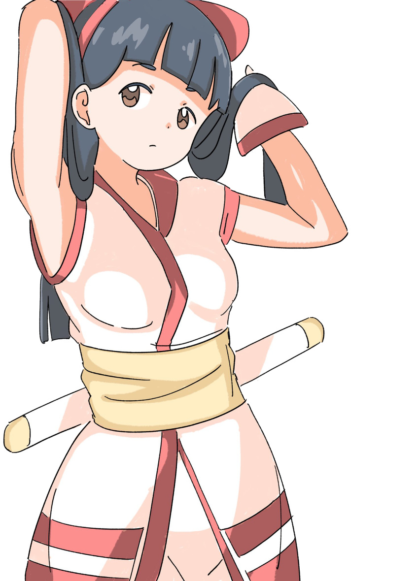 1girls ainu_clothes armpits arms_behind_head black_hair breasts brown_eyes female female_only fingerless_gloves gloves hair_ribbon half-closed_eyes highres king_of_fighters legs long_hair looking_at_viewer medium_breasts nakoruru pants pose posing ribbon samurai_shodown seductive seductive_gaze seductive_look sensual snk solo thighs vatsha weapon