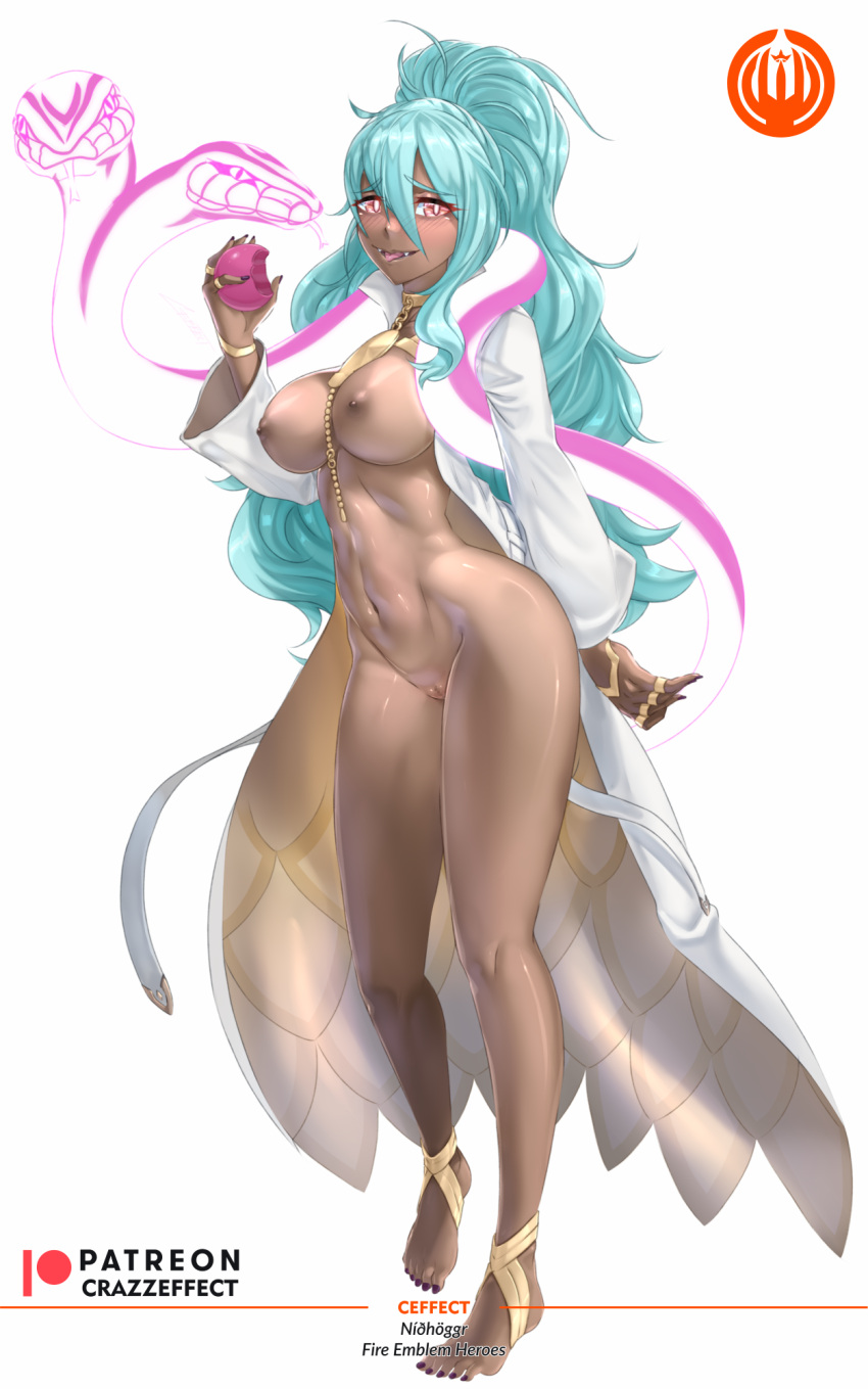 1girls bare_legs barefoot blue_hair blush breasts coat completely_nude crazzeffect dark-skinned_female dark_skin eating female female_only fire_emblem fire_emblem_heroes fruit full_body hair_between_eyes large_breasts legs light_blue_hair long_hair looking_at_viewer nail_polish naked_coat nidhoggr_(fire_emblem) nintendo nude nude_female pink_eyes ponytail purple_nails smile snake solo tongue tongue_out very_long_hair wavy_hair white_background