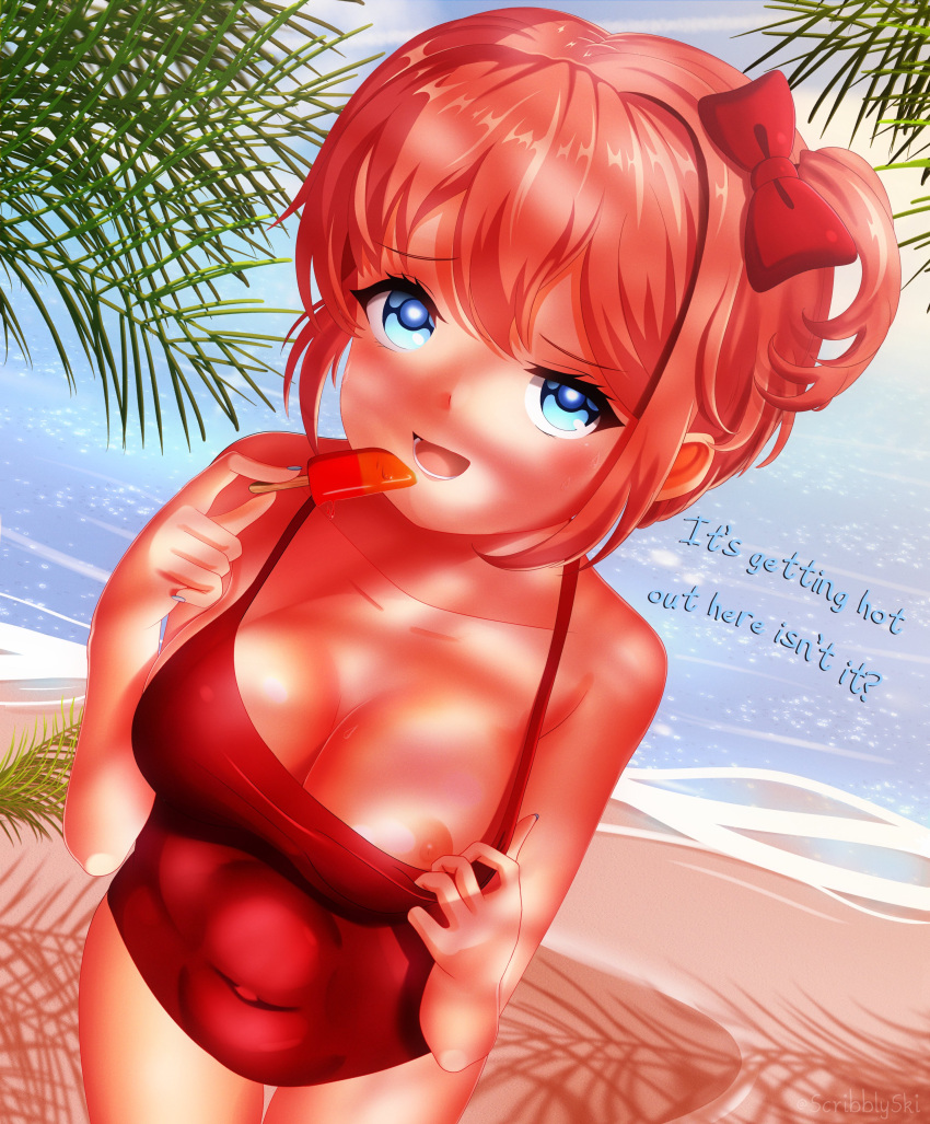 1female 1girls artist_name beach blue_eyes bow breasts cleavage doki_doki_literature_club english_text female_focus hair_bow hairbow mouth_open nipple_slip open_mouth popsicle red_bow red_hair_bow red_hairbow sand sayori_(doki_doki_literature_club) scribblysuki self_exposure shadow strawberry_blonde_hair swimwear text water