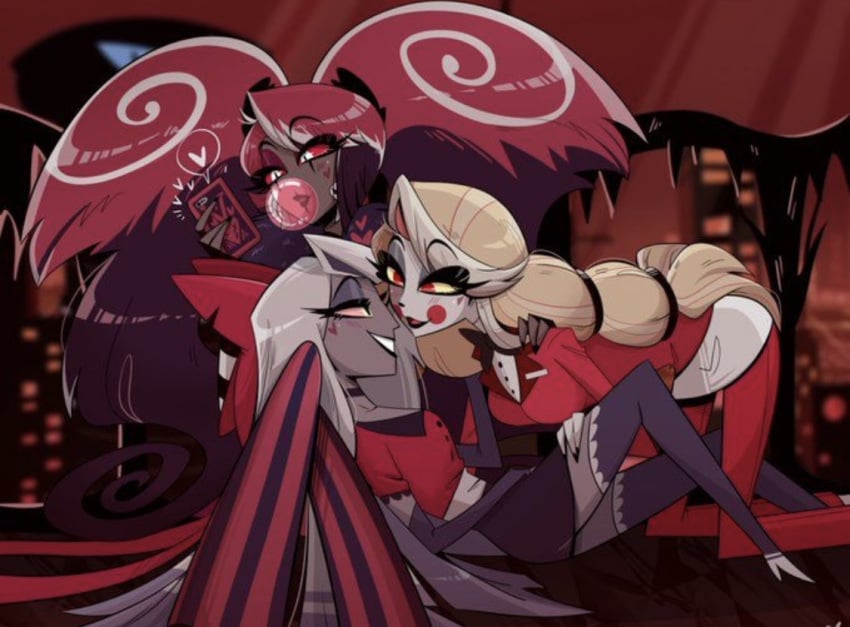 2demons 3girls armwear artist_request ass back background ball barefoot belly bikini blonde_hair blush bow bowtie breasts button charlie_morningstar_(hazbin_hotel) cheeks collar couple covering crop curvy demon dress earrings elbow eyebrows eyelashes eyeliner eyeshadow feet female female_only figure fingerless food gloves grabbing hazbin_hotel holding hourglass kissing kneeling knees lap legs legwear lipstick midriff multicolored naked navel nude object painted pale pale_skin pants partner pleasured polish ponytails pupils ribbon romantic sclera shirt shoulders sitting skull smile smiling smilling socks source_request squeezed standing stockings striped tagme tagme_(artist) talking thick thighhighs thighs tie toenails tongue vaggie_(hazbin_hotel) velvette_(hazbin_hotel) waist wholesome yuri