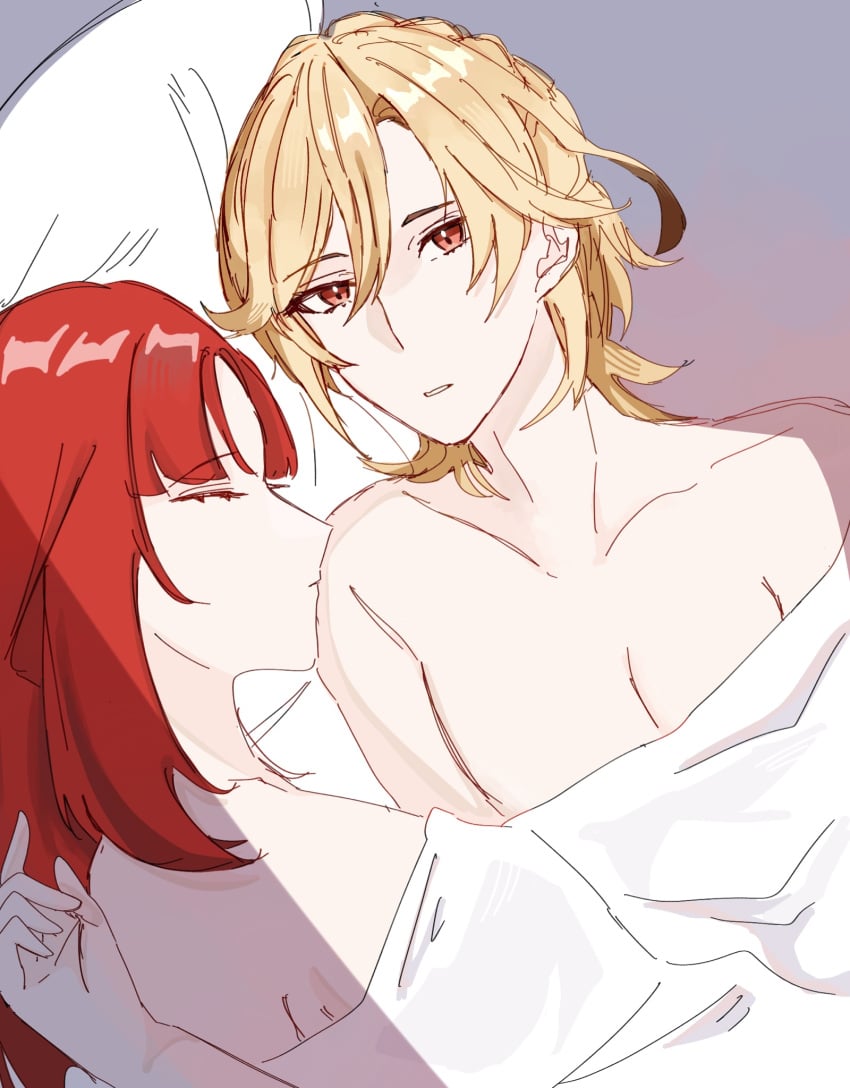 1boy 1girls after_sex blonde_hair female genshin_impact in_bed kaveh_(genshin_impact) male male/female morning_after nilou_(genshin_impact) red_eyes red_hair shirtless sleeping straight under_sheets