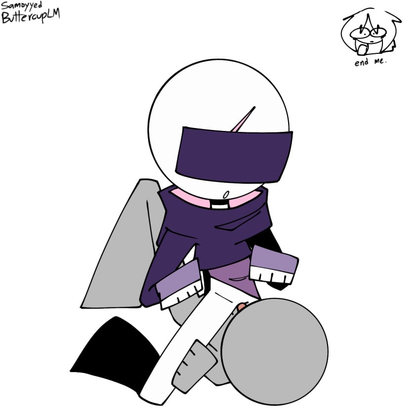 1boy adrian_(unknownspy) anon big_head bodysuit circle_head first_porn_of_character half-dressed ibispaintx idkwhatimdoing licking_crotch male no_genitals purple_hood scar_across_eye sitting_on_face skinny toony unknownspy white_body