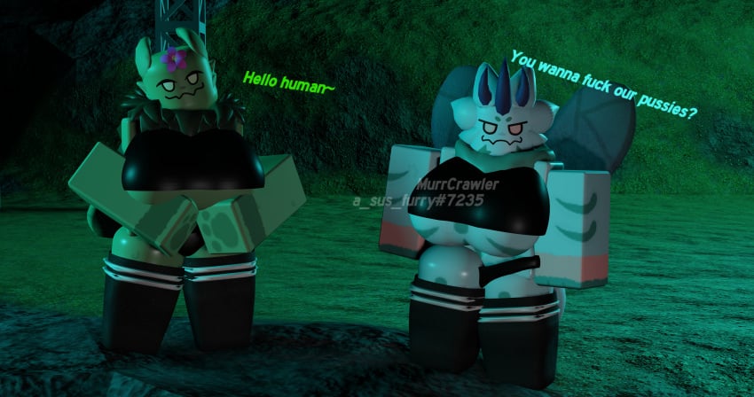 2girls 3d breasts cave english_text figs_(kaiju_paradise) furry half-dressed kaiju_paradise murrcrawler plantix_(kaiju_paradise) roblox roblox_game self_upload tagme text