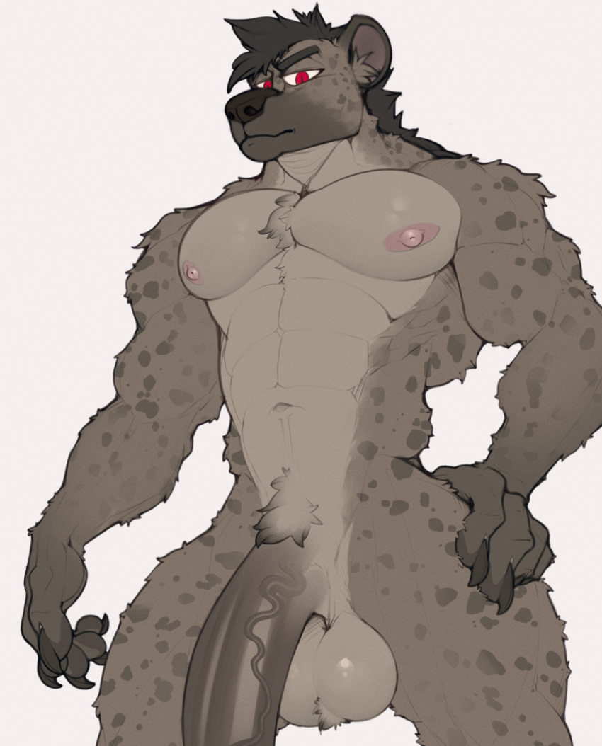 abs absurd_res anthro balls barazoku big_balls big_penis brown_body brown_fur deuzion dots fur genitals hi_res humanoid_genitalia humanoid_penis hyena looking_at_viewer male mammal muscular muscular_anthro muscular_male nipples pecs penis pink_nipples red_eyes solo