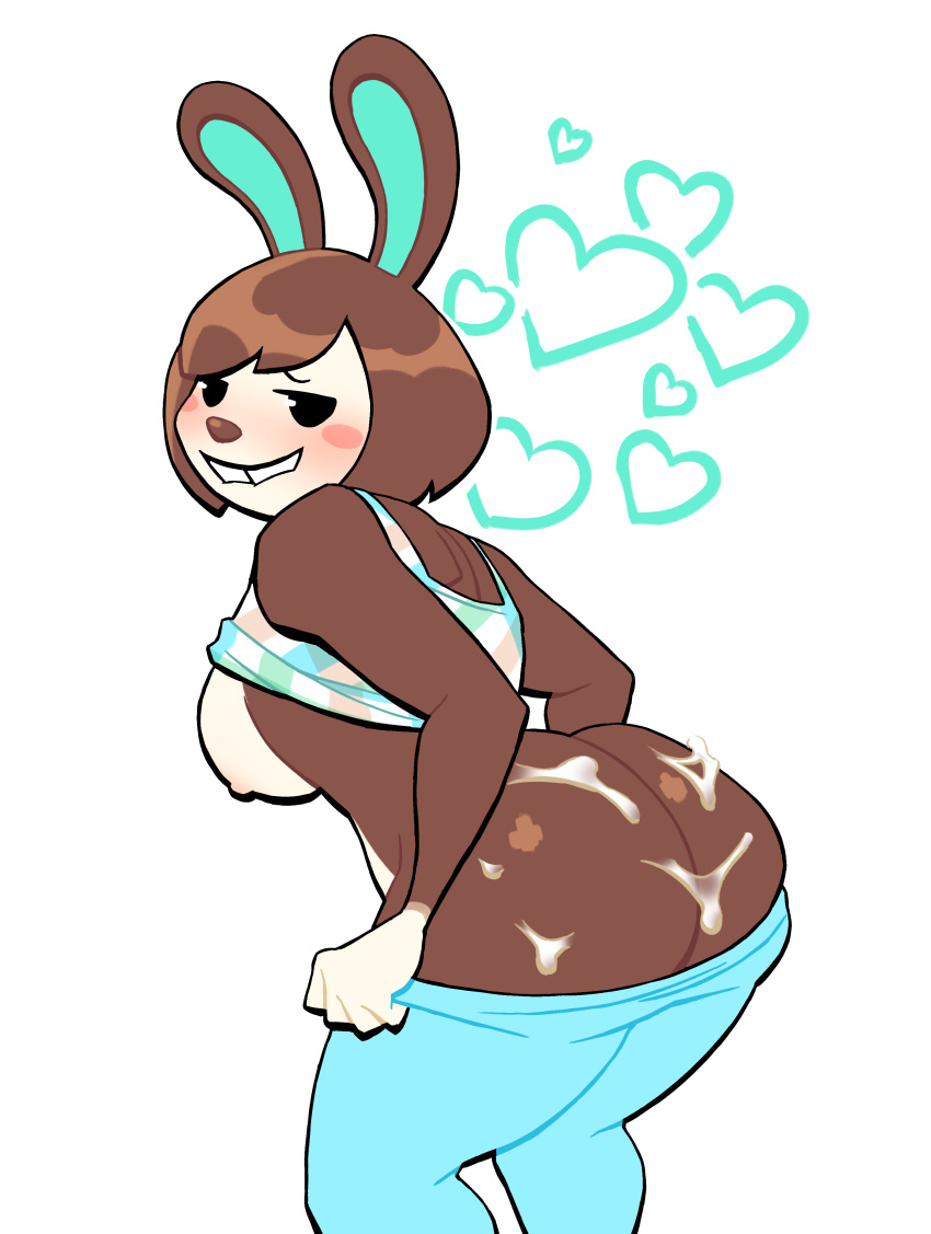 1girls animal_crossing anthro ass big_ass big_breasts biting_lip breasts breasts_out brown_hair bubble_butt carmen_(animal_crossing) cum cum_on_ass fat_ass female female_only huge_ass lagomorph large_ass looking_back lovetopullmicke nipples no_bra no_panties pants pants_down rabbit shirt shirt_up solo thick_ass thick_thighs wide_hips