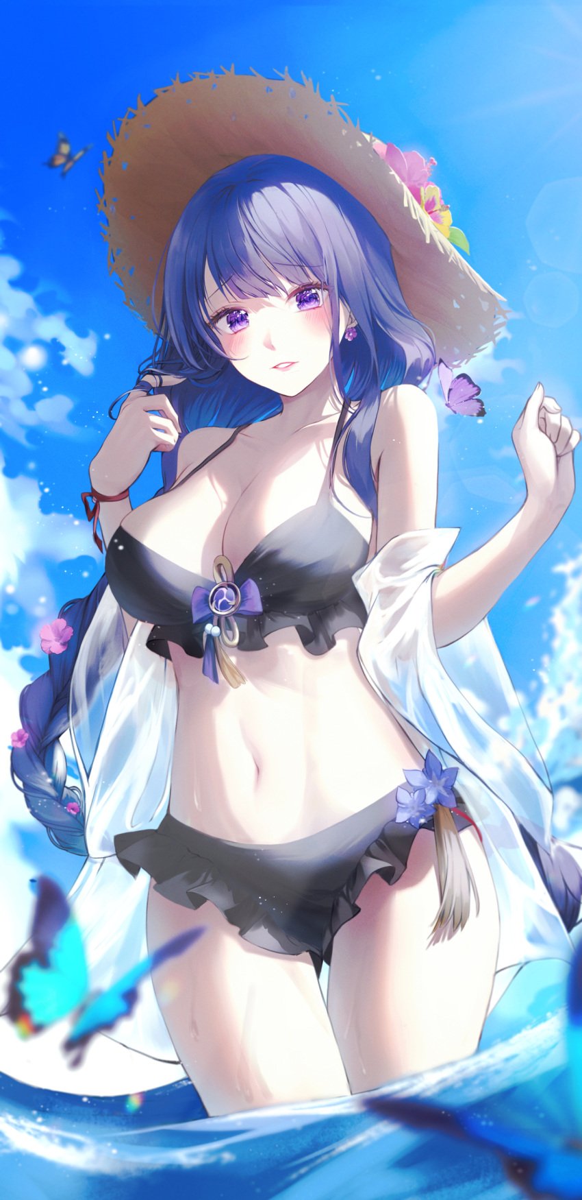 absurdres bikini black_bikini blue_sky blush breasts bug butterfly cleavage cloud commentary_request cowboy_shot day earrings female flower flower_earrings frilled_bikini frills genshin_impact hair_flower hair_ornament halterneck hands_up hat highres iro_(iro_252_) jewelry large_breasts lens_flare long_hair looking_at_viewer mitsudomoe_(shape) navel ocean off_shoulder open_clothes open_shirt outdoors parted_lips partial_commentary purple_eyes purple_hair raiden_shogun see-through sky smile solo solo_female stomach straw_hat summer sun_hat swimsuit swimsuit_cover-up tassel thigh_gap thighs tomoe_(symbol) wading water