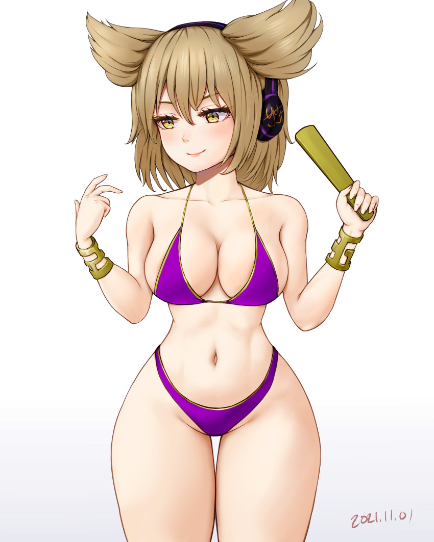 absurdres bikini blush bracelet breasts brown_eyes brown_hair commentary earmuffs english_commentary female hat highleg highleg_bikini highres jewelry large_breasts navel pointy_hair purple_bikini ritual_baton short_hair smile solo swimsuit tate_eboshi touhou toyosatomimi_no_miko wide_hips yyf_(seaknight)