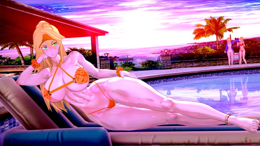 1girls artoria_pendragon_(lancer) barefoot big_breasts big_thighs bikini blonde_hair blush breasts busty fate/grand_order fate_(series) female green_eyes knshin koikatsu laying_on_side navel ponytail swimming_pool swimsuit thick_thighs thighs voluptuous