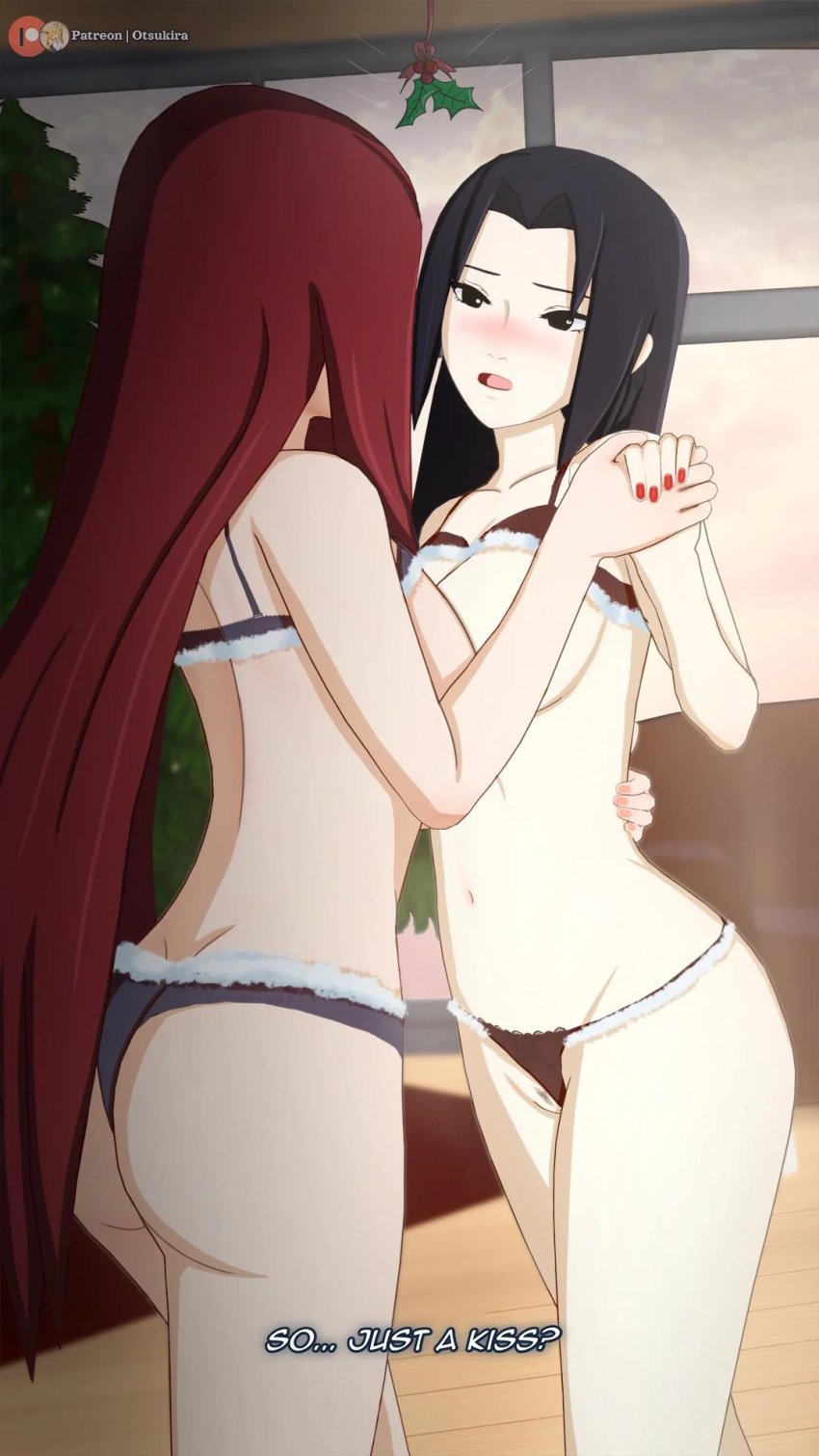 2girls ass big_breasts black_eyes black_hair blue_hair bra bra_lift breast_press breasts_out christmas commentary embarrassed female female/female female_only holding_hands holly_(plant) human imminent_kiss koikatsu long_hair looking_at_another mature mature_female midriff milf multiple_girls nail_polish naruto naruto_(series) naruto_shippuden nipples no_visible_genitalia otsukira panties patreon_username red_hair talking text uchiha_mikoto underwear uzumaki_kushina very_long_hair yuri