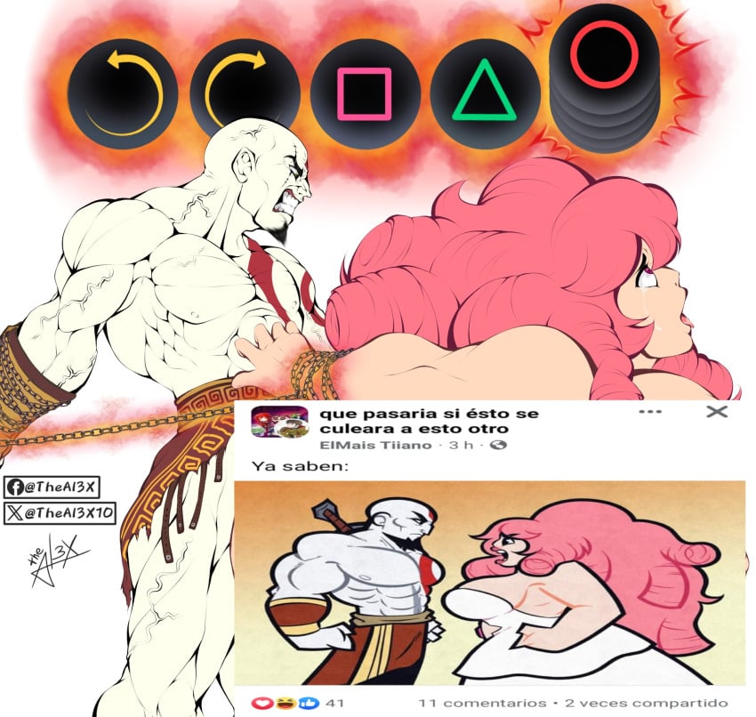 ahe_gao bald bald_man chained_wrists chains covered crossover eye_scar god_of_war kratos meme meme_reference pink_hair questionable_consent quick_time_event restrained_wrists rose_quartz_(steven_universe) scar steven_universe theal3x10_(artist)