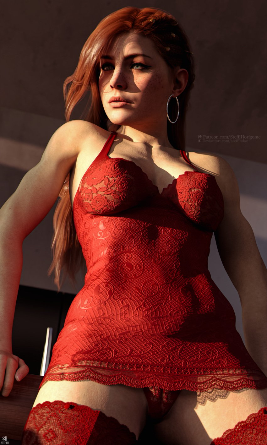 1girls 3d 3d_(artwork) 3d_model aloy alternate_hairstyle cgi clothed_female clothing earrings erotic_costume female female female_only green_eyes guerilla_games horizon_forbidden_west horizon_zero_dawn looking_away medium_breasts pussy_markings red_clothes red_clothing red_hair red_hair sony_interactive_entertainment steffih_daz