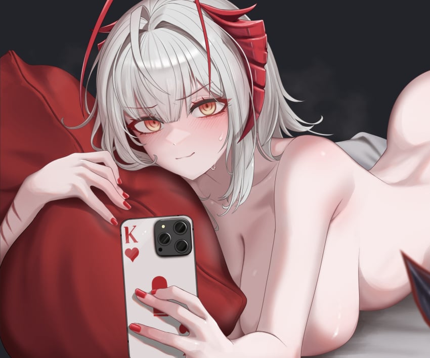 absurdres antenna_hair arknights big_breasts blush breasts cellphone completely_nude convenient_arm demon_horns female grey_hair highres holding holding_phone horns hugging_object large_breasts looking_at_viewer mildt nail_polish nude painted_nails phone pillow pillow_hug red_nails short_hair smartphone smile solo sweat w_(arknights) yellow_eyes