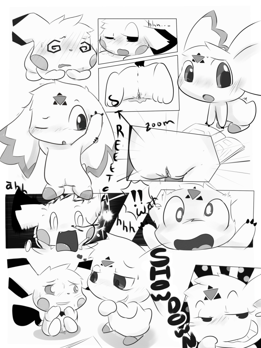 blush clyndemoon comic crossover culumon digimon digimon_(species) digimon_tamers duo female feral fur green_eyes half-closed_eyes heart hi_res mammal monochrome nintendo one_eye_closed open_mouth pichu pokemon pussy pussy_juice rodent simple_background text tongue video_games white_background wink yellow_fur