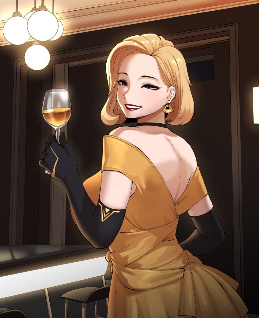 abbb blonde_hair blue_eyes formal_wear formalwear_mercy looking_at_viewer mercy overwatch overwatch_2 wine wine_glass