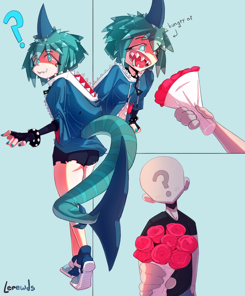 1boy 1girls anon big_ass blue_eyes blue_hair chomp_(leeewds) flower imminent_eating leeewds light-skinned_female multiple_images multiple_panels open_mouth original_character shark shark_girl shark_tail shark_teeth sharp_teeth valentine's_day